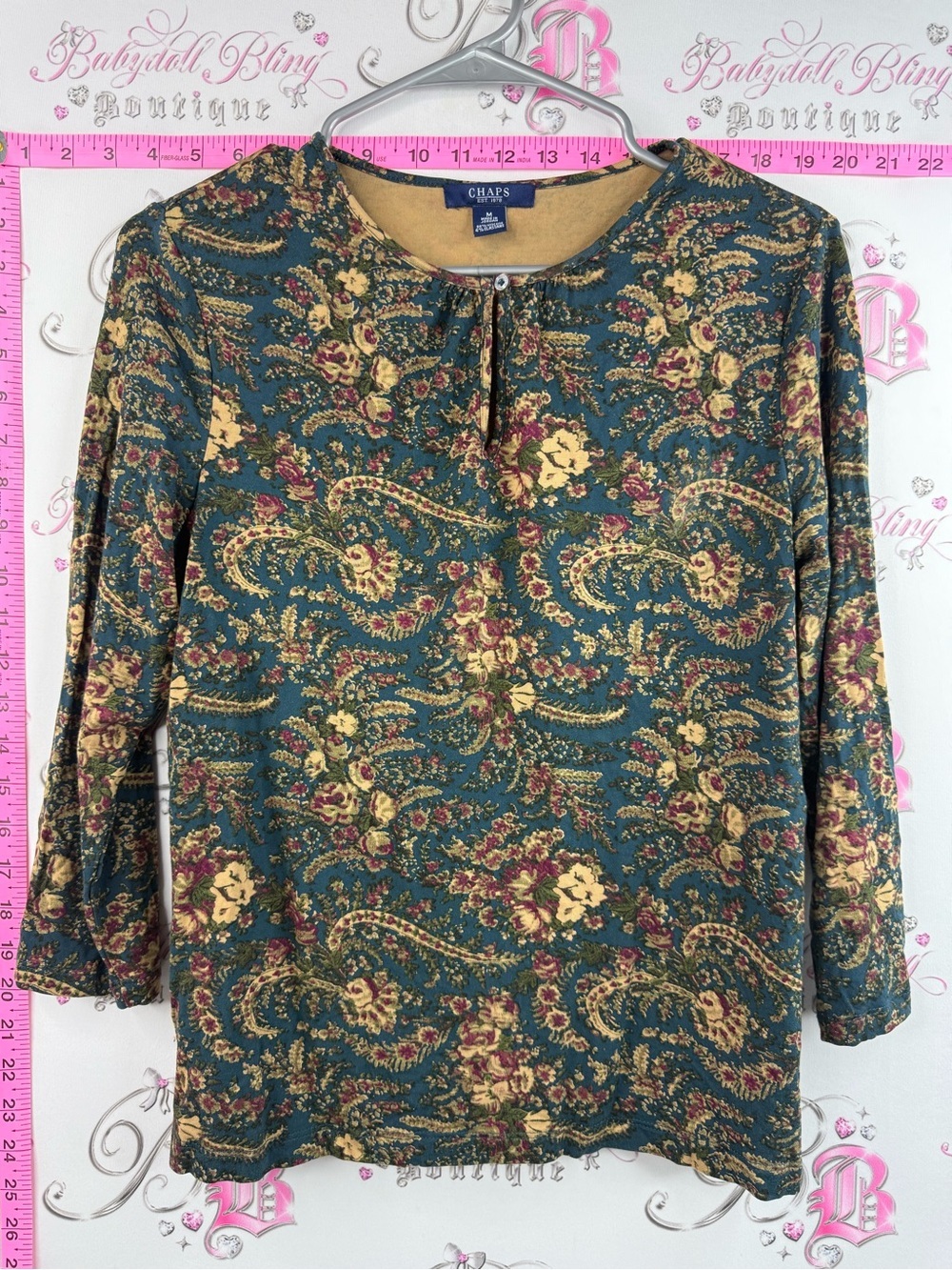 Chaps shirt Teal Floral Long Sleeve Blouse with Mustard and Burgundy Accents